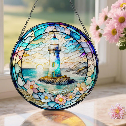 Stained Glass Window Hanging, Pauyadu Lighthouse Sun Catchers, Stained Glass Suncatcher, Lighthouse Decor Gifts for Women, Men, Lovers, Friend, Family and Partners- 8 Inch