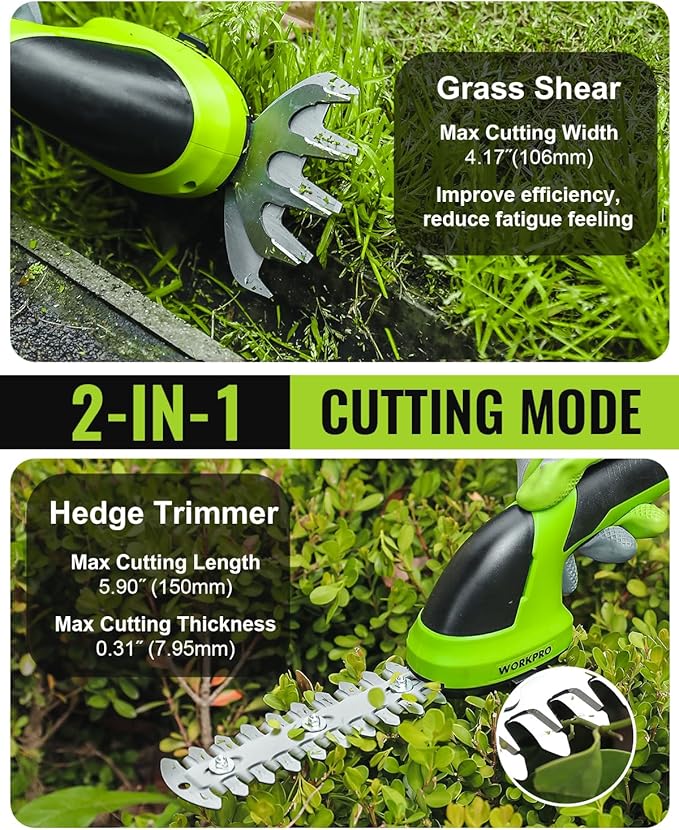 WORKPRO Cordless Grass Shear & Shrubbery Trimmer - 2 in 1 Handheld 7.2V Electric Grass Trimmer Hedge Shears/Grass Cutter Rechargeable Lithium-Ion Battery and Type-C Cable Included