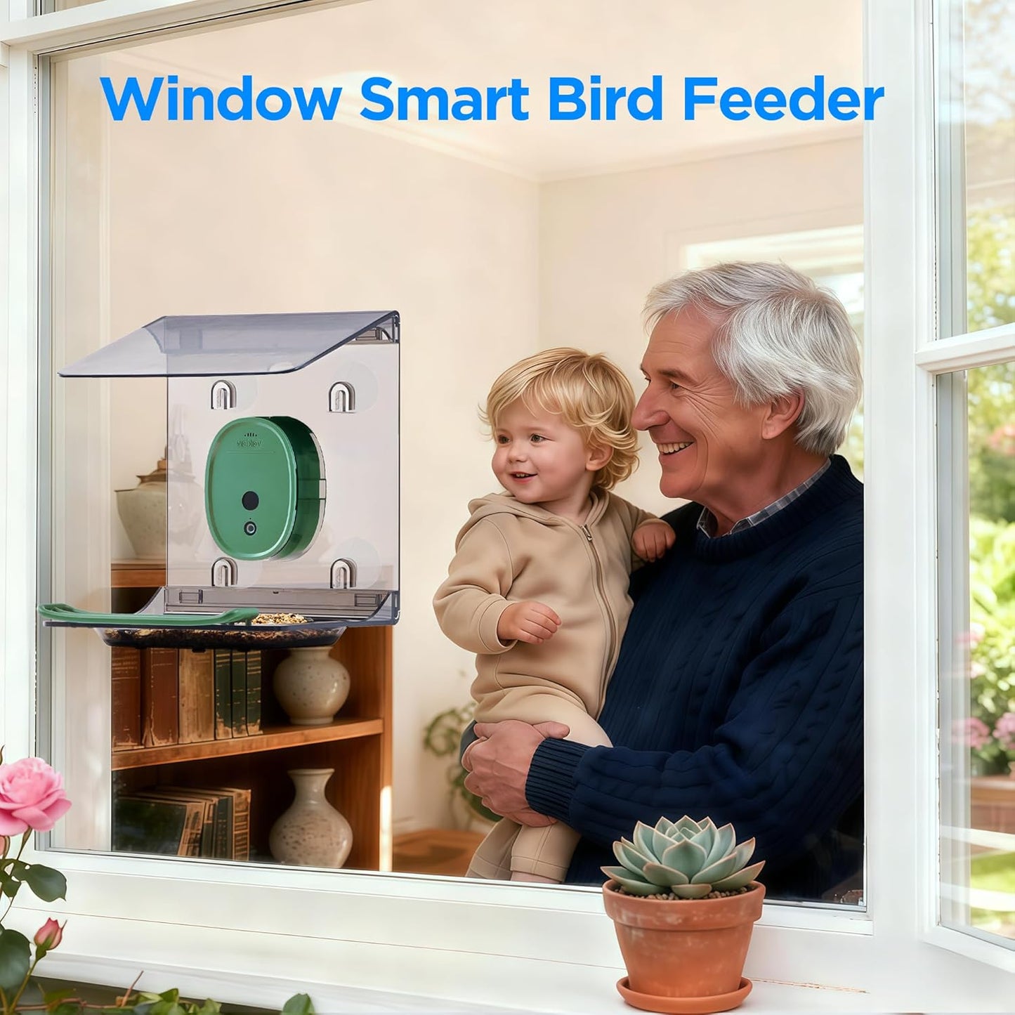 Smart Bird Feeder with Camera Solar Powered,2K HD Video Live Stream,AI Identify Birds Species,Link via Signal Transmitter,5MP Photos,Instant Arrival Alerts,Motion Detect,Elderly-Friendly,Green