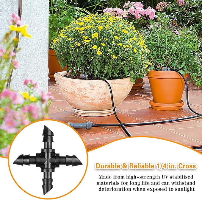 Drip Irrigation Cross Fittings: 45 Pieces Barbed 4-Way Cross Irrigation Parts with Sharp End Fits for 1/4 Inch Drip Tubing Line Tee Connectors for Garden Lawn