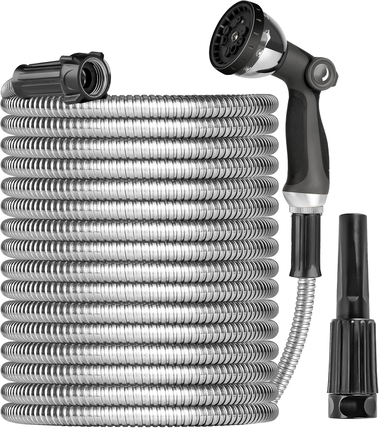 Metal Garden Hose 50ft Heavy Duty Stainless Steel Water Hose with Sprayer & Metal Fittings Flexible Lightweight Hose Puncture Proof Hose for Yard, Outdoors, Rv