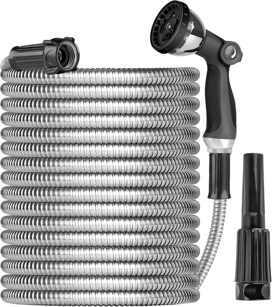 Metal Garden Hose 50ft Heavy Duty Stainless Steel Water Hose with Sprayer & Metal Fittings Flexible Lightweight Hose Puncture Proof Hose for Yard, Outdoors, Rv