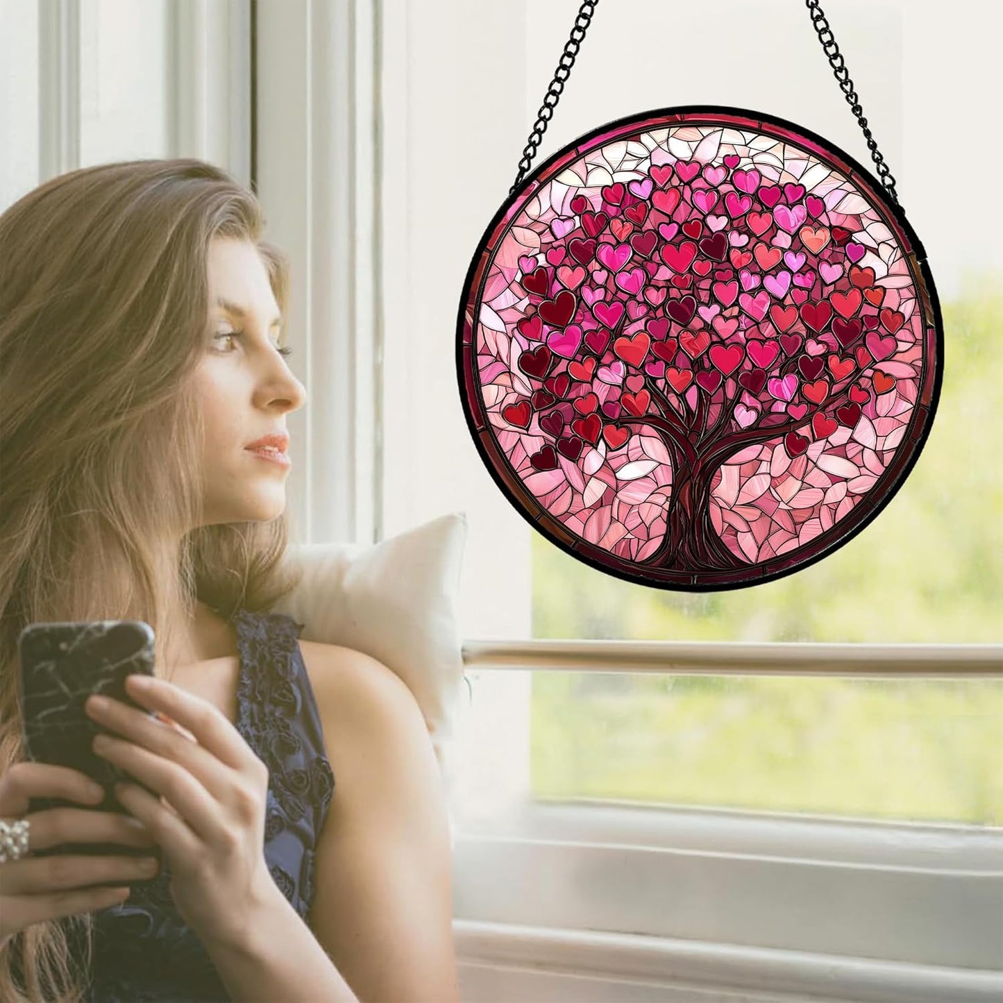 Stained Glass Window Hanging - DASTOLL, Birthday Gifts for Women Men Mom Dad, Pink Love Tree Suncatcher for Doors Window Home Sun Catchers Decor 6.3 in