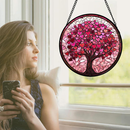Stained Glass Window Hanging - DASTOLL, Birthday Gifts for Women Men Mom Dad, Pink Love Tree Suncatcher for Doors Window Home Sun Catchers Decor 6.3 in