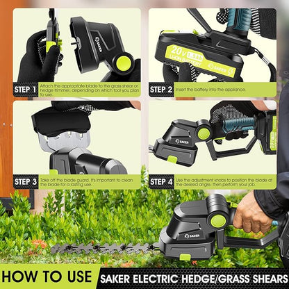 Saker Cordless Hedge Trimmer-20V Electric Shrub Trimmer Grass Shears Handheld Grass Cutter, Hedge Shear with 2 PCS Rechargeable Battery and Charger for Garden, Lawn