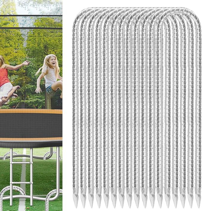 Trampoline Stakes Anchors High Wind 16inx10mm Galvanized U Hook 12pcs Rebar Stakes – Heavy Duty Ground Anchors for Trampoline,Yard & Inflatable,Landscape Metal Stakes for Outdoor Decorations