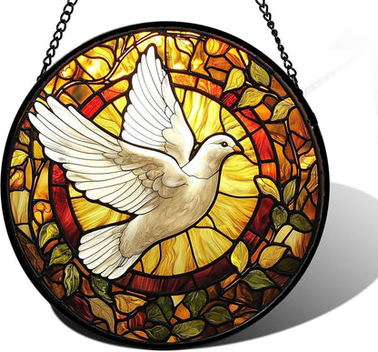 Stained Glass Window Hanging, Flying White Dove Sun Catchers Diamond Glass Panel Hangings Cute Birds Suncatcher Decor for Birthday for Women, Men, Wife, Aunt,and Mom 7.8X7.8IN