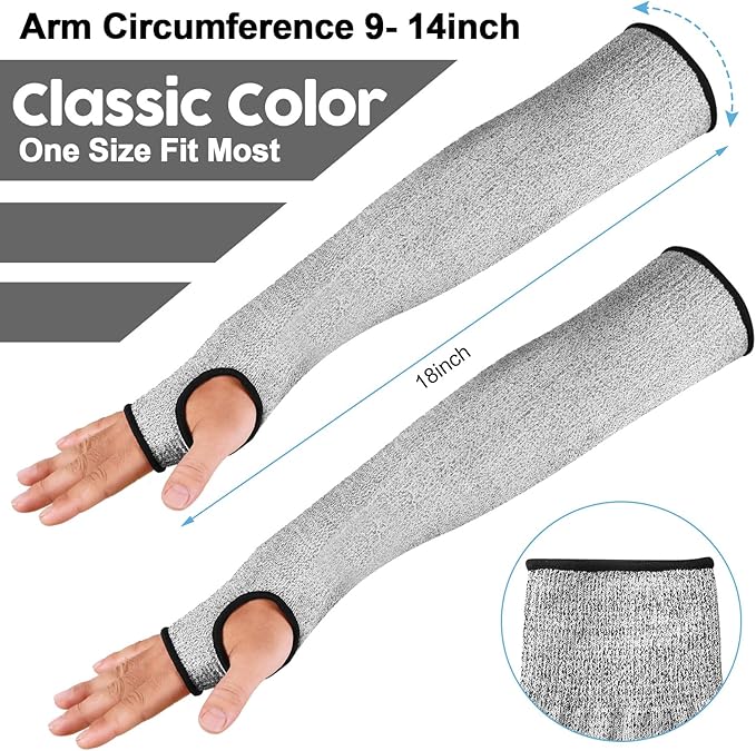 JaGely 6 Pairs Level 5 Cut Resistant Sleeves with Thumb Hole 18 Inches Arm Protection Sleeve Farmer Gardening (Gray)