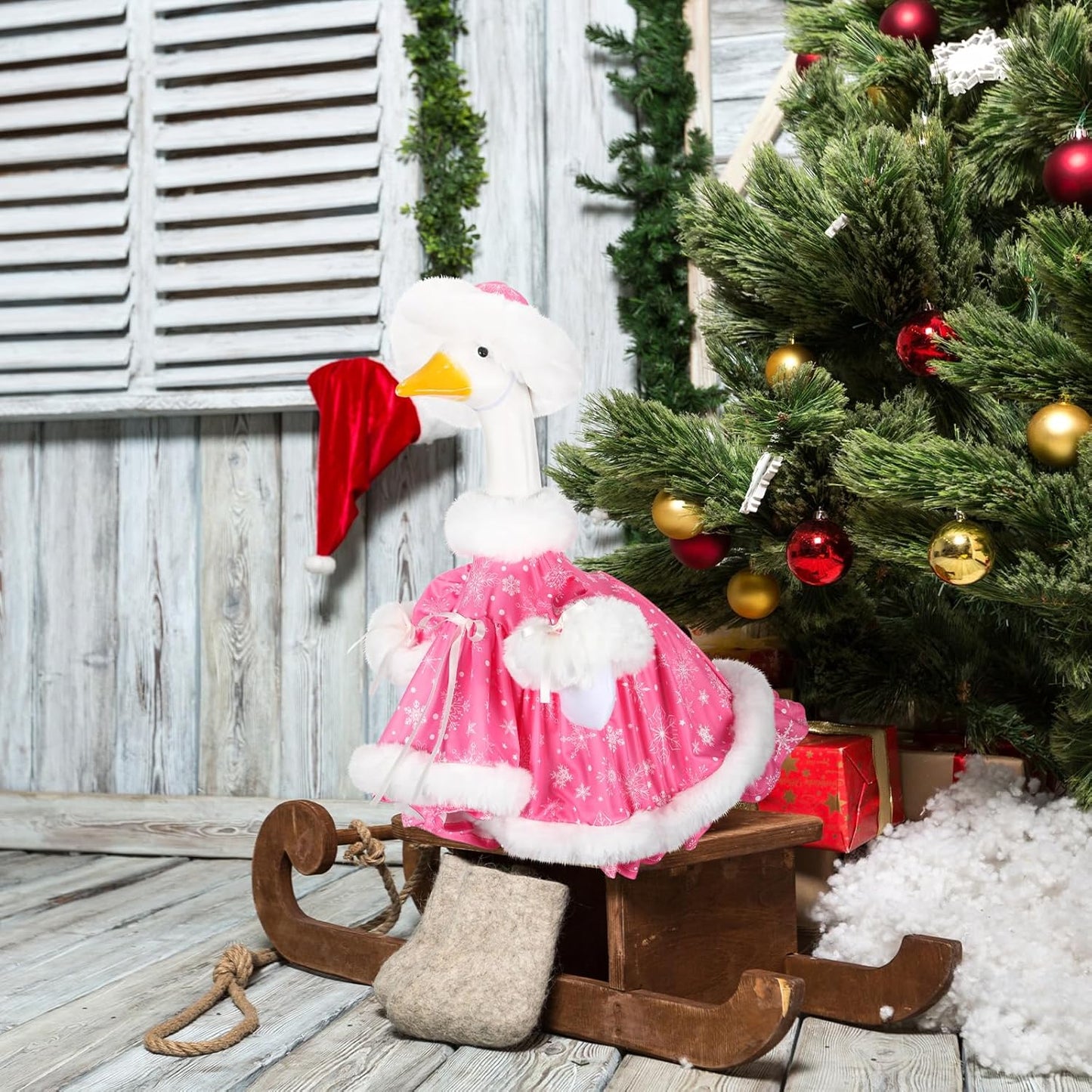 Suzile Pink Christmas Goose Outfit Dresses Clothes for 23" High Cement or Plastic Porch Goose Costume for Yard Lawn Outdoor Garden Patio Statue Xmas Santa Holiday Decor