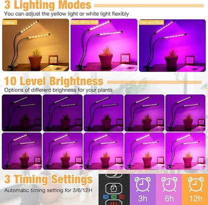 LED Grow Lights (2 Packs), 2 Heads Red Blue White Full Spectrum Plant Light with Clamp for Indoor Plants & Seed Starting, 10-Level Dimmable, Auto On Off, Timing 4 6 12Hrs