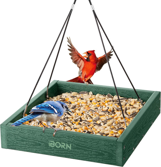 iBorn Platform Bird Feeder Tray Bird Feeders for Outdoors 10.6"x10.6" Platform Feeder with Large Capacity 3 LBS, Recycled Plastic & Cedar Look, Waterproof, Green