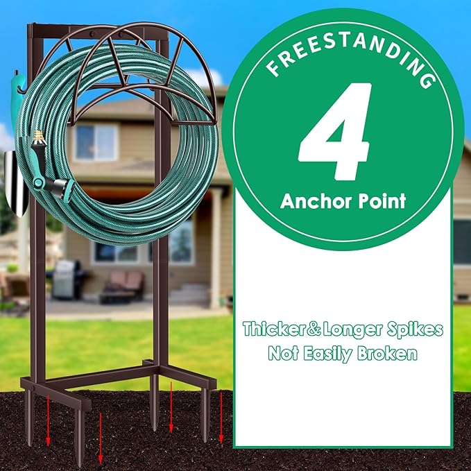 TomCare Garden Hose Holder Upgraded 4 Spikes Water Hose Holder with 2 Tool Hooks Sturdy Hose Reel Holds 150ft Hose Freestanding Hose Stand Hose Hanger Hose Storage for Outside Yard Lawn, Bronze