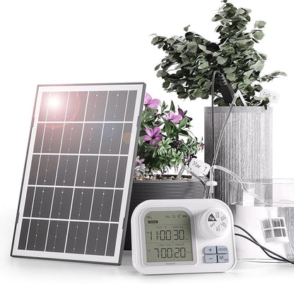 Raddy WS-7 Solar Drip Irrigation Kit with IPX7 Waterproof, Auto Watering System for 15 Potted Plants, with Auto-Soil Humidity Detection, 2600mAh Battery, Large Display for Indoor Outdoor Balcony