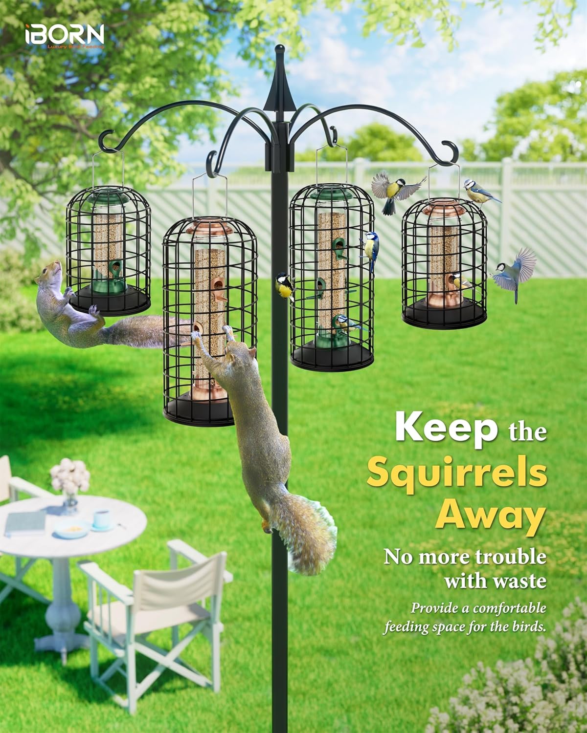 iBorn Squirrel Proof Bird Feeder - Pigeon Proof Cage for Outside With Pestoff Hanging Wild Bird Seed for Mix Blends - Heavy Duty All Metal Copper 14 Inch