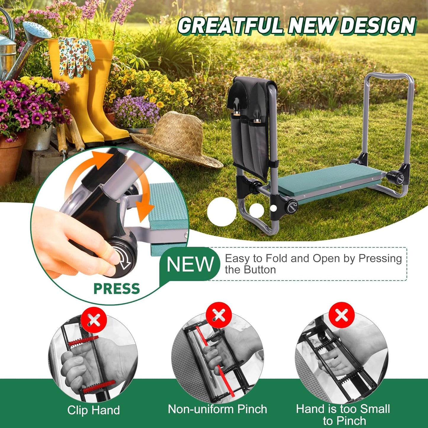 Try & DO Garden Kneeler and Seat with Smart Button-Press Design, Garden Stool with Soft EVA Kneeling Pad and Tool Bag, 2 in 1 Foldable and Lighrweight