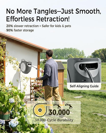 GLAHODEN Retractable Garden Hose Reel 1/2 in x 85 ft Upgraded UV Resistant Heavy Duty Automatic Hose Reel Wall Mount 3/4 in Brass Fitting 9 Pattern Nozzle Any Length Lock Slow Retraction