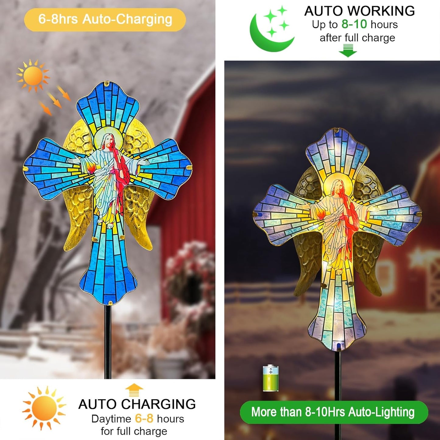Solar Jesus Cross for Gemetery Graver,Golden Angel Wings,Grave Decorations for Cemetery,Sympathy Memorial Gifts,Christmas Yard Decor Outdoor