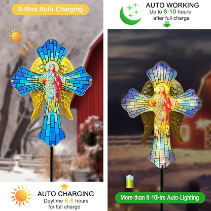 Solar Jesus Cross for Gemetery Graver,Golden Angel Wings,Grave Decorations for Cemetery,Sympathy Memorial Gifts,Christmas Yard Decor Outdoor