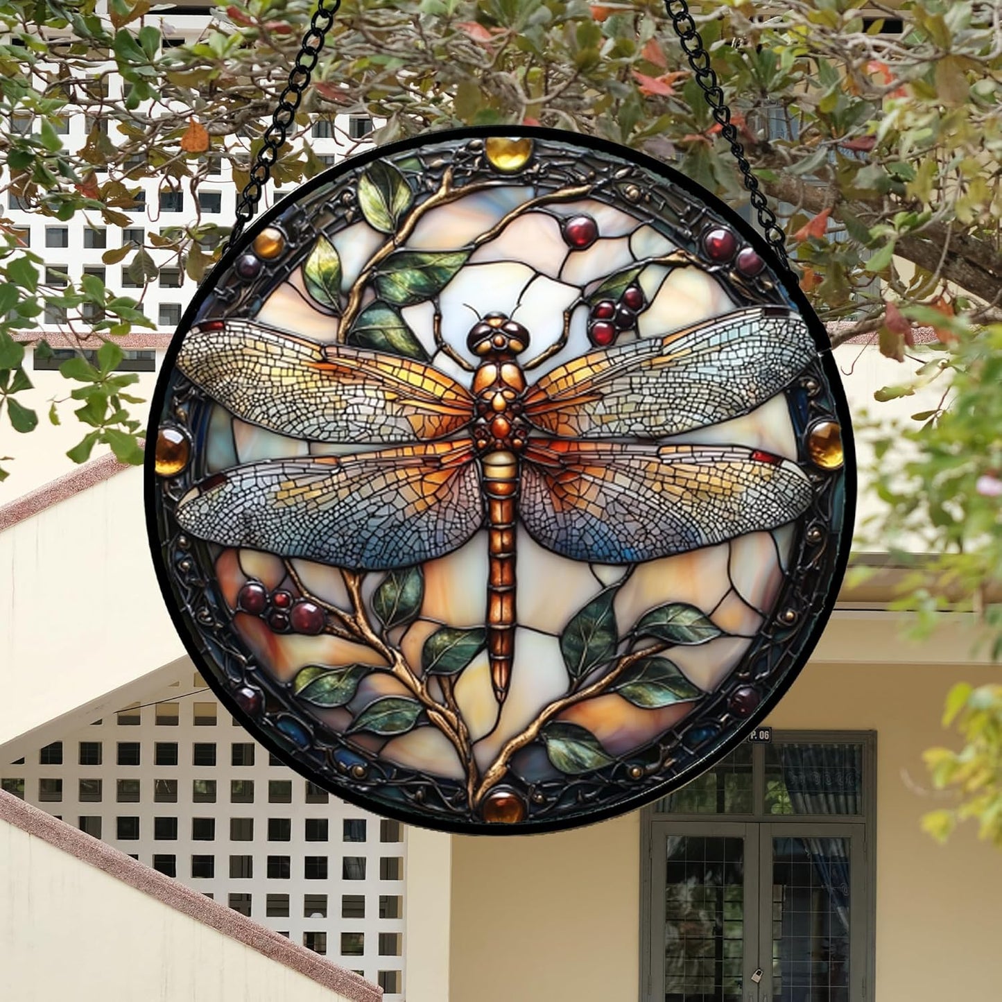 Stained Glass Window Hanging - Dragonfly Plant Suncatcher Ready to Hang Window Doors Home Decoration, Christmas, Mother's Day Birthday Gifts for Women, Men, and Mom 14.9x14.9 in