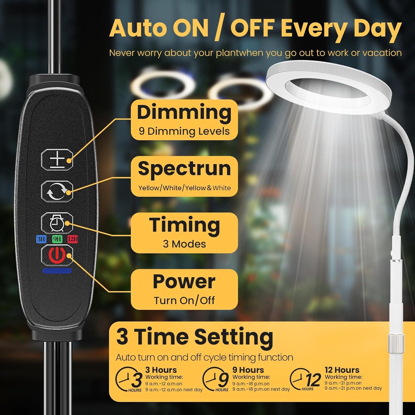 bseah Grow Light, LED Plant Light for Indoor Plants Growing, Full Spectrum Desk Grow Lamp with Pedestal, Automatic Timer for 3H/9H/12H, 10 Dimmable Levels (White)