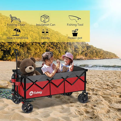 Sekey 48''L Collapsible Foldable Extended Wagon with 440lbs Weight Capacity, Heavy Duty 300L Folding Utility Garden Cart with Big All-Terrain Beach Wheels & Drink Holders. Red&Grey