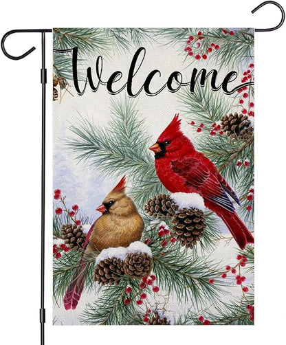 Welcome Christams Garden Flags for Outside Decoration, Cardinal Pine Twigs Berry Small Yard Flag, Seasonal Farmhouse Winter Xmas Holiday Outdoor Decor 12x18 Inch Vertical Double Sided