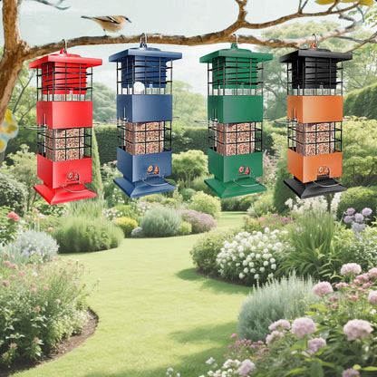 Squirrel Proof Bird Feeders for Outdoors Hanging, Large Capacity 3.5Lbs Bird Feeders with 4 Feeding Ports, Metal Gravity Protection Birds Feeder for Outside, Cardinal, Sparrow, Finch, Brown