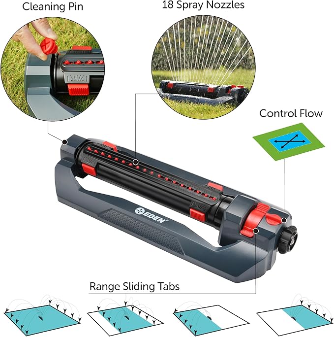 Eden 94094 Turbo Oscillating Sprinkler, Covers Up to 4,000 sq. ft., 18 Precision Nozzles, Adjustable Range and Width Tabs, Flow Control, Weighted Base, Quick Connect Starter Set