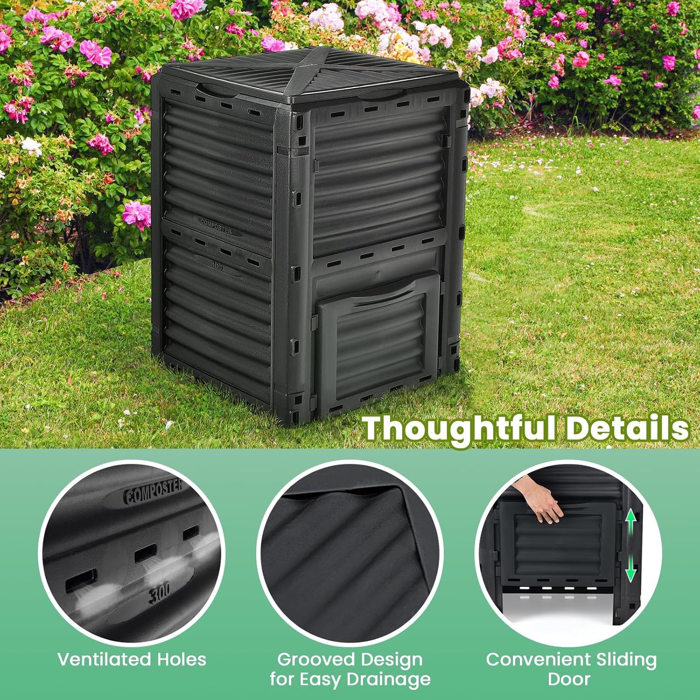 Compost Bin Outdoor, 80 Gallon Garden Compost Bin with Top Lid & Bottom Door, Aerating Outdoor Compost Box Waste Container Barrel Fertilizer for Garden & Yard (Black)
