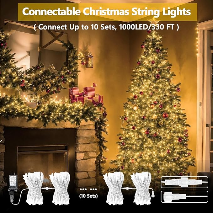 Connectable 100 LED String Lights Indoor Outdoor, 33FT Warm White Christmas Lights Waterproof, 13 Modes with Timer, Twinkle Fairy Lights Plug in Clear Wire for Christmas Tree, Bedroom, Classroom Decor