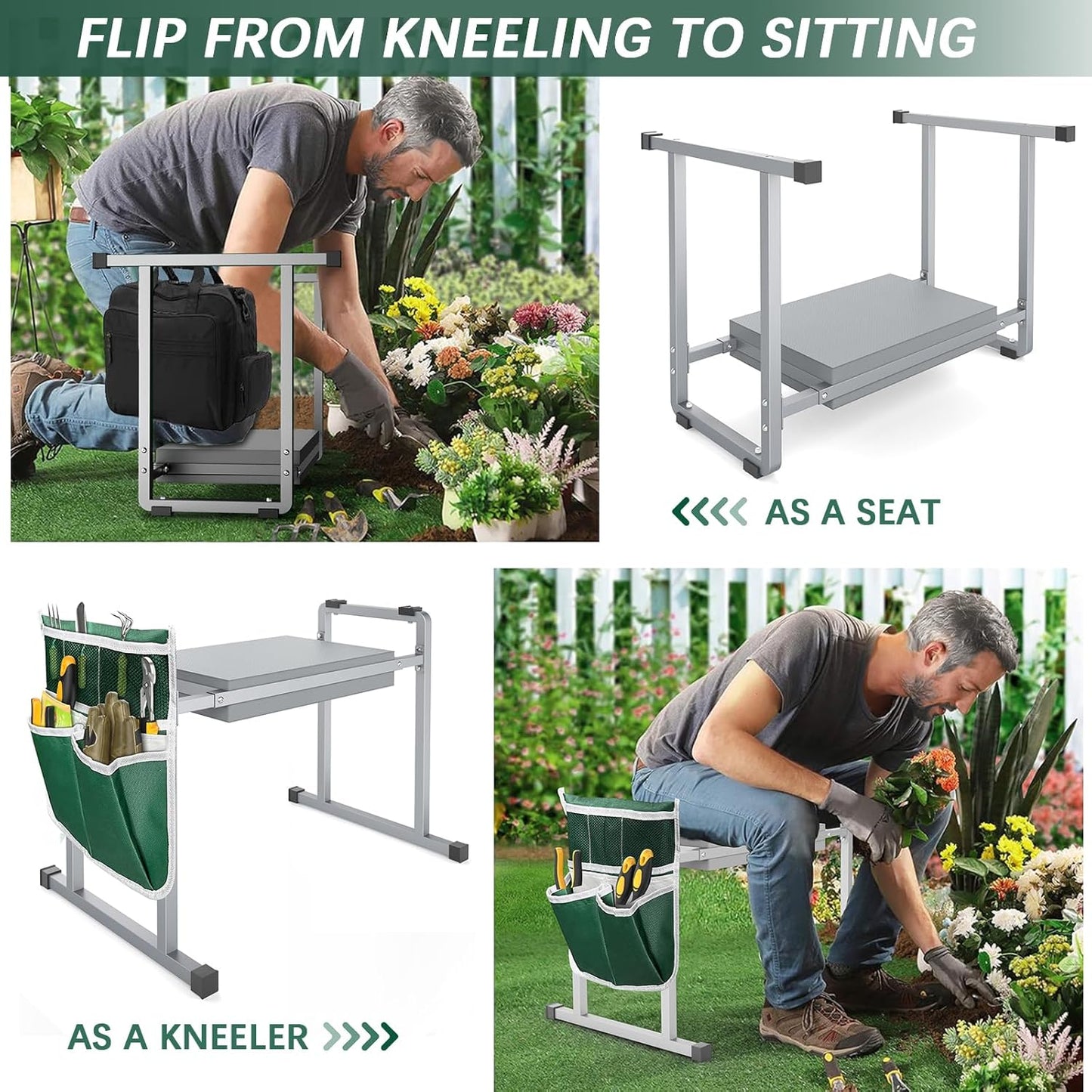 Garden Kneelers Seat, Stable and Save Anti-Tipping Design 10.2" Wider Garden Kneeler and Seat with Handle, Heavy Duty Gardening Stool for Seniors, Gardening Weeding Bench for Gardeners Parents - Gray