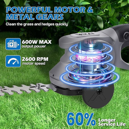 Cordless Hedge Trimmer, 2-in-1 Hedge Trimmer, Ultra Long Battery Life with Battery*2, high-Power and high-Capacity Grass Trimmer for Gardens, Yards and lawns, Including Charger
