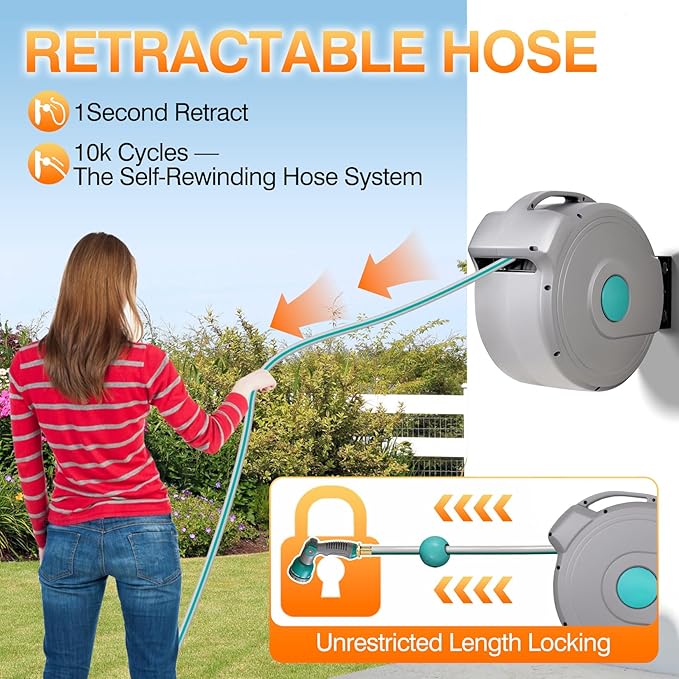 AXTRIM 100 ft x1/2 in Retractable Garden Hose Reel, Premium Wall Mounted Water Hose Reel with 10-Pattern Spray Nozzle, Any Length Lock, Slow Return System, 180° Metal Swivel Bracket, Anti-UV