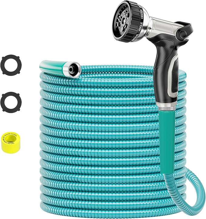 SPECILITE 50ft 304 Stainless Steel Garden Hose Metal, Heavy Duty Water Pipe with Nozzles for Yard, Outdoor - Flexible, Never Kink & Tangle, Puncture Resistant (Sky Blue)