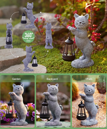Solar Cat Garden Statues for Outdoor: Outside Sculpture Lantern Decor for Yard Lawn Porch Patio Balcony Decorations Gifts for Grandma Mom Women