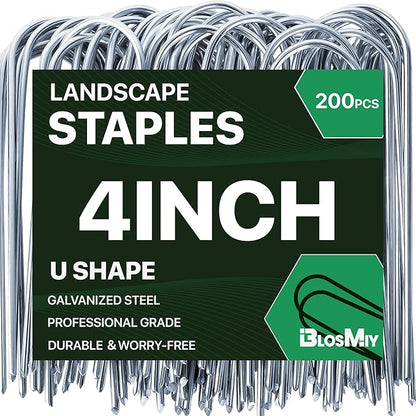 U Shaped Landscape Garden Staples 4 Inch 200 Pack Updated 11Gauge Irrigation Stakes Galvanized Garden Stakes Fabric Pins for Soaker Hose Drip Line Tubing Yard Lawn Staples for Outdoor Decorations