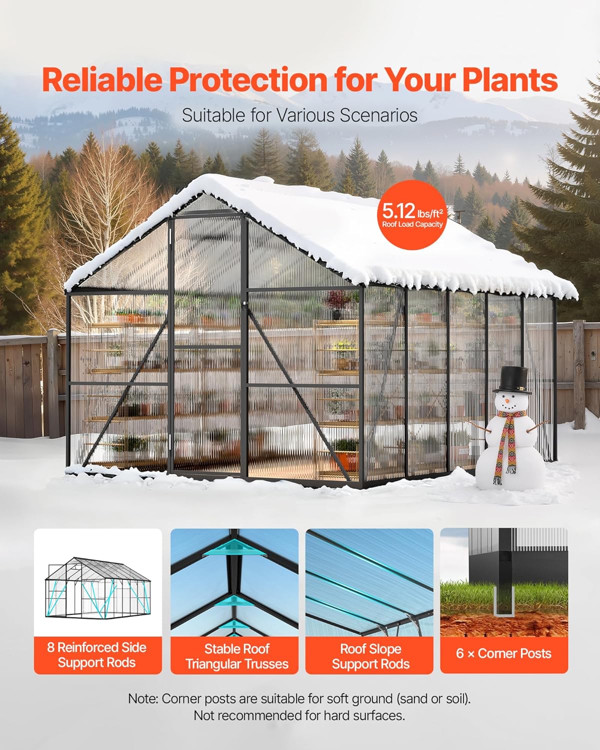 VEVOR 8 x 10 FT Polycarbonate Greenhouse, Heavy Duty Outdoor Green House with Adjustable Vents & Push-Pull Lockable Door, Quick Setup, Aluminum Frame Walk-in Greenhouse Sunroom for Outside Garden Lawn