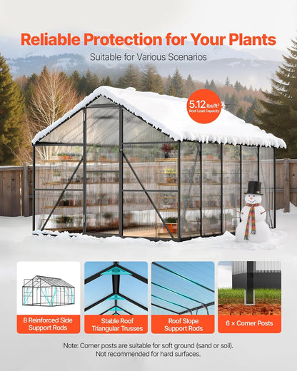 VEVOR 8 x 10 FT Polycarbonate Greenhouse, Heavy Duty Outdoor Green House with Adjustable Vents & Push-Pull Lockable Door, Quick Setup, Aluminum Frame Walk-in Greenhouse Sunroom for Outside Garden Lawn