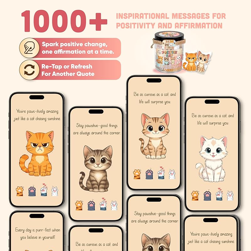Positive Cat Jar - 60 Affirmation Cards With Cat Bracelet, Emotional Support Cat, Cat Themed Gifts, Stress Relief & Against Anxiety Cards, Cat Gifts, Cat Lover Gifts For Women, Teen Girl Gifts