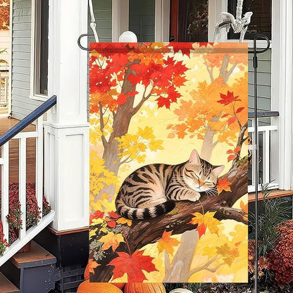 Thanksgiving Fall Garden Flag 12x18 Inch Welcome Tabby Cat Flag Double Sided Outdoor Autumn Yard Banner Sleeping Kitty and Colorful Leaves for Porch Lawn Patio Seasonal Decor