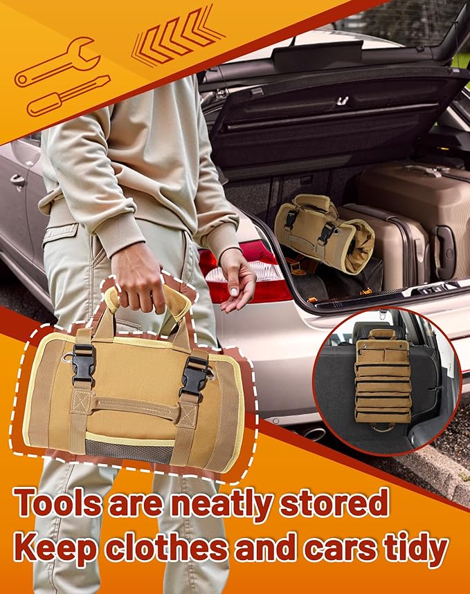 QcoQce Heavy Duty Oxford Tool Roll, Waterproof Durable Tool Bag with 6 Pockets, Tool Organizer for Garage, Vehicle Maintenance, Home Repairs, Portable Roll Up Tool Bag Gift for Men