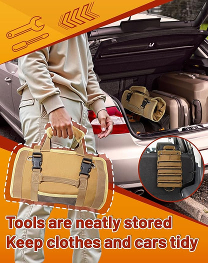QcoQce Heavy Duty Oxford Tool Roll, Waterproof Durable Tool Bag with 6 Pockets, Tool Organizer for Garage, Vehicle Maintenance, Home Repairs, Portable Roll Up Tool Bag Gift for Men