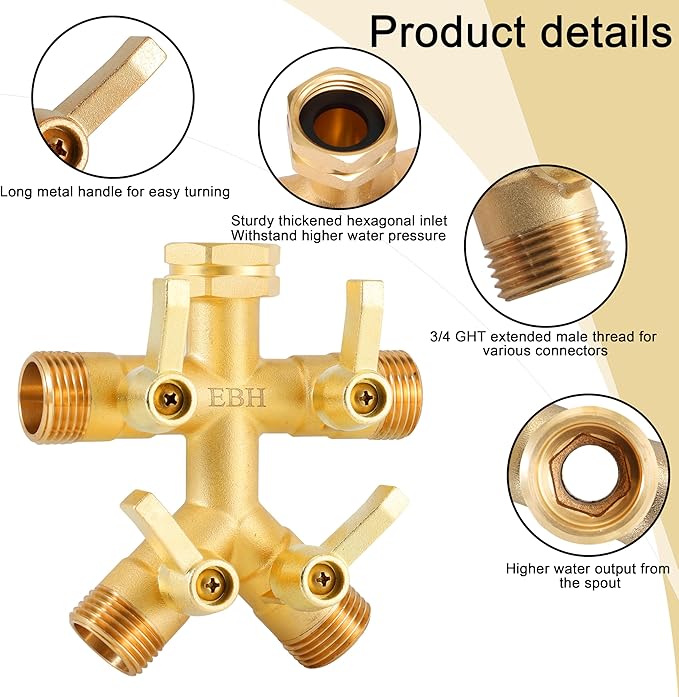 EBH Brass Garden Hose Splitter Full Flow, Outdoor Faucet Heavy Duty Hose Splitter 4 Way High Flow, 3/4-Inch Multi-Angle Spout with 4 Individual On/Off Valve and Extended Handle