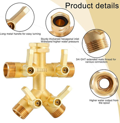 EBH Brass Garden Hose Splitter Full Flow, Outdoor Faucet Heavy Duty Hose Splitter 4 Way High Flow, 3/4-Inch Multi-Angle Spout with 4 Individual On/Off Valve and Extended Handle