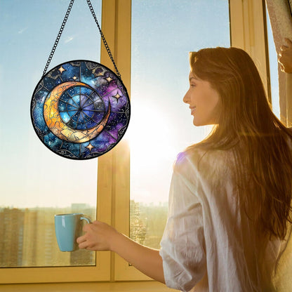 Stained Glass Window Hanging, Blue Starry Sky Moon Astrolabe Suncatcher for Doors Home Sun Catchers Decoration and Christmas, Mother's Day Birthday Gifts for Women, Men, and Mom 9.8 in