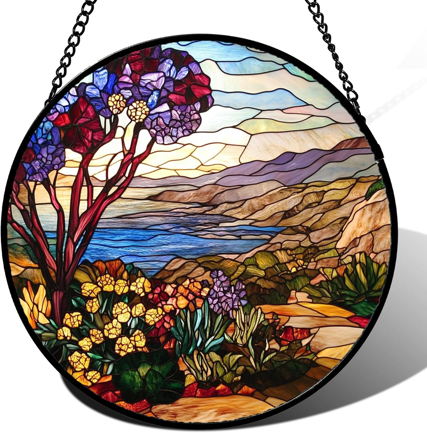 Stained Glass Window Hanging Retro Wildflowers Lake Mountain Scenery 9.8" - Suncatcher Door Garden Sun Catcher Home Decor Birthday Christmas for Mom Men Woman Friend