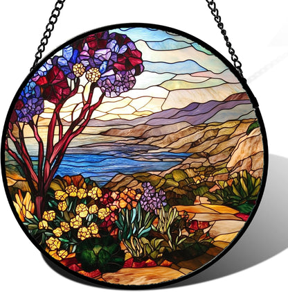 Stained Glass Window Hanging Retro Wildflowers Lake Mountain Scenery Large 15" - Suncatcher Door Garden Sun Catcher Home Decor Birthday Christmas for Mom Men Woman Friend