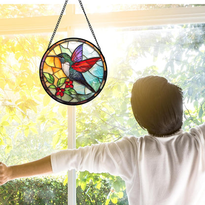 Stained Glass Window Hanging, Hummingbird Gifts Sun Catchers Diamond Glass Panel Hangings Birds Suncatcher Decor for Birthday for Women, Men, Wife, Aunt, and Mom 11.8x11.8 in