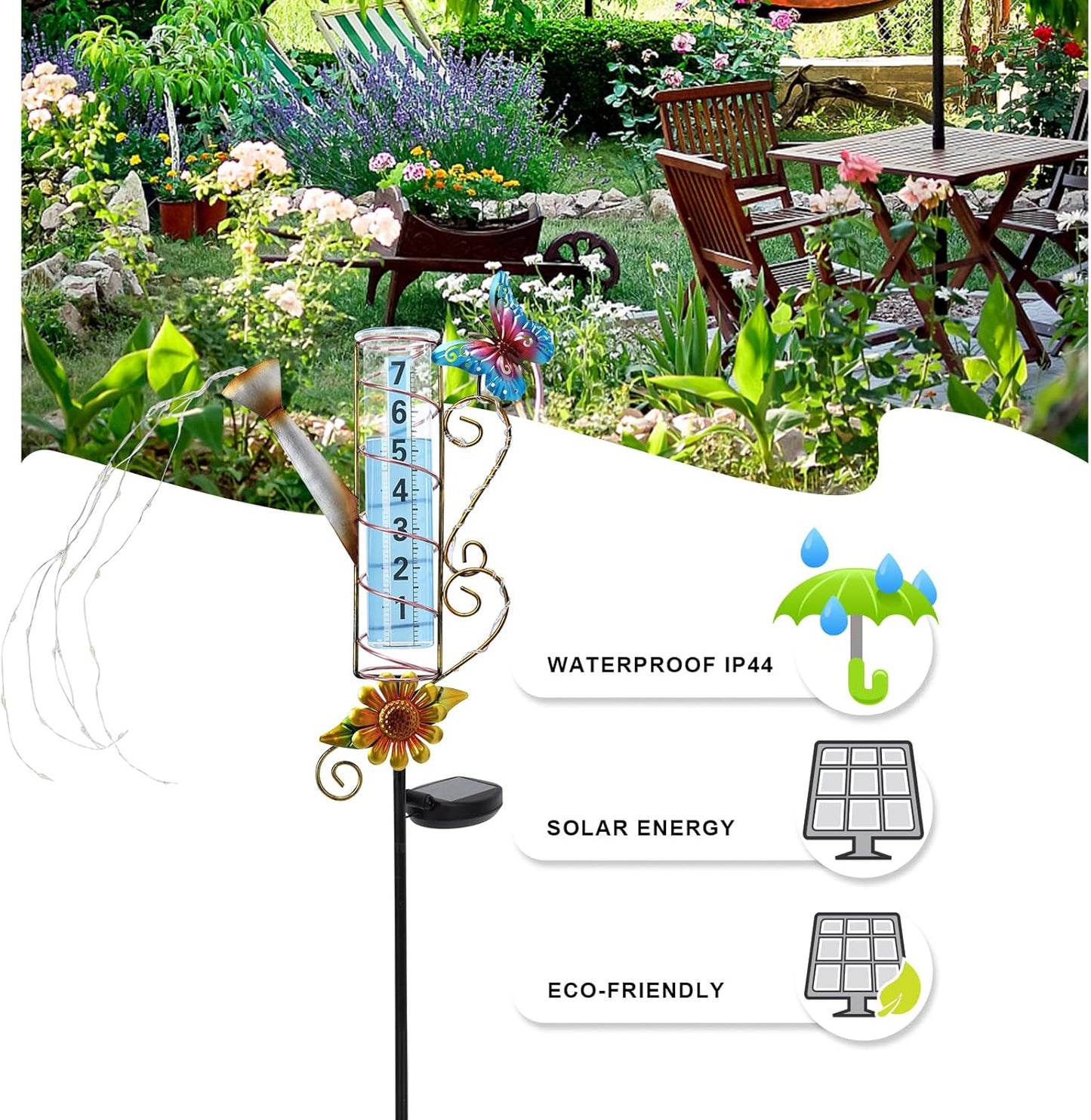 MUMTOP Rain Gauge Outdoor Solar Powered, 36 Inch Large Number Watering Can Water Gauge for Lawn, Yard and Garden