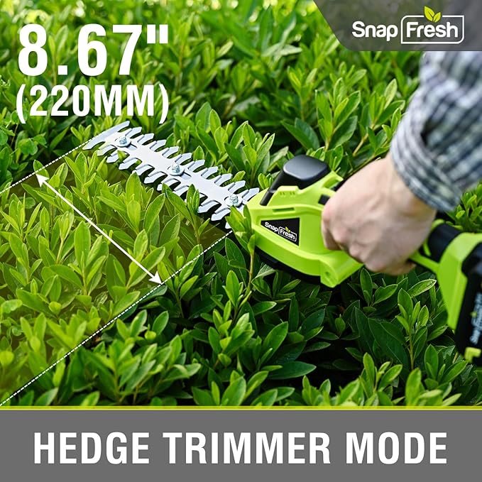 SnapFresh 20V Hedge Trimmer Cordless, 2 in 1 8.67" Electric Shrub Trimmer and 4.72” Grass Shears with 2.0Ah Li-ion Battery and Charger, Handheld Grass Cutter/Bush Trimmer for Garden Yard